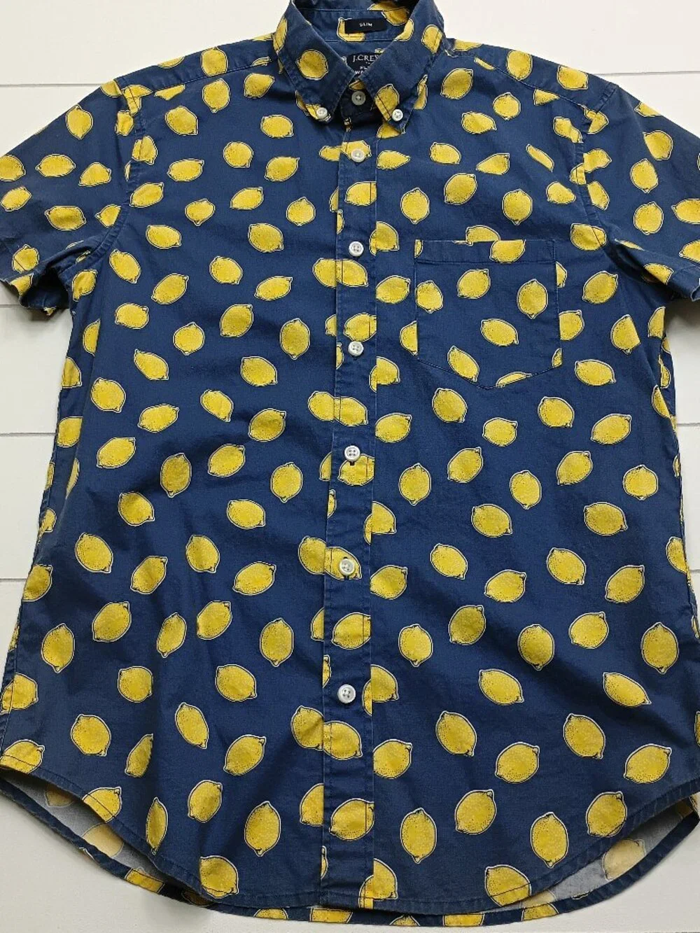 J.Crew Flex Washed Lemon Print Button Down Shirt Navy Yellow Slim Fit Mens Small